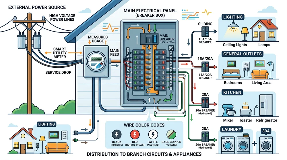 Diagram of home electrical system: power flow from utility to panel and circuits