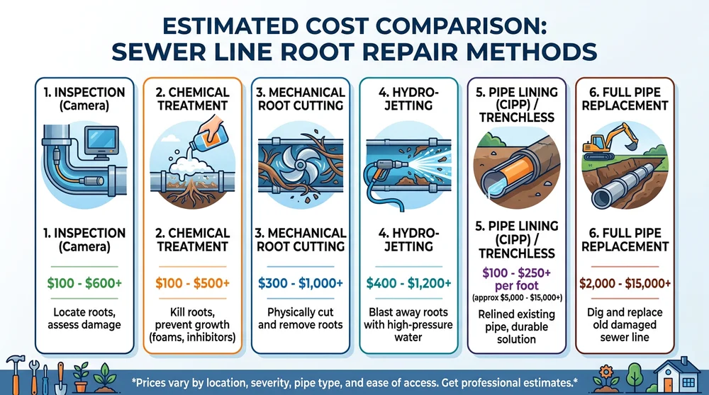 Infographic of sewer line root repair costs by method