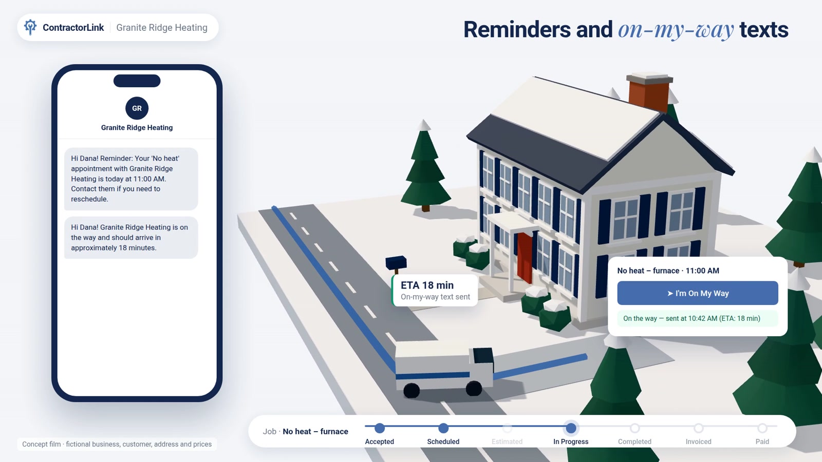A frame from the film: a request card, a 3D model of a house and the job pipeline